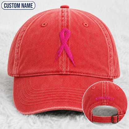 Personalized Pink Ribbon Embroidered Washed Cap, Awareness Gift