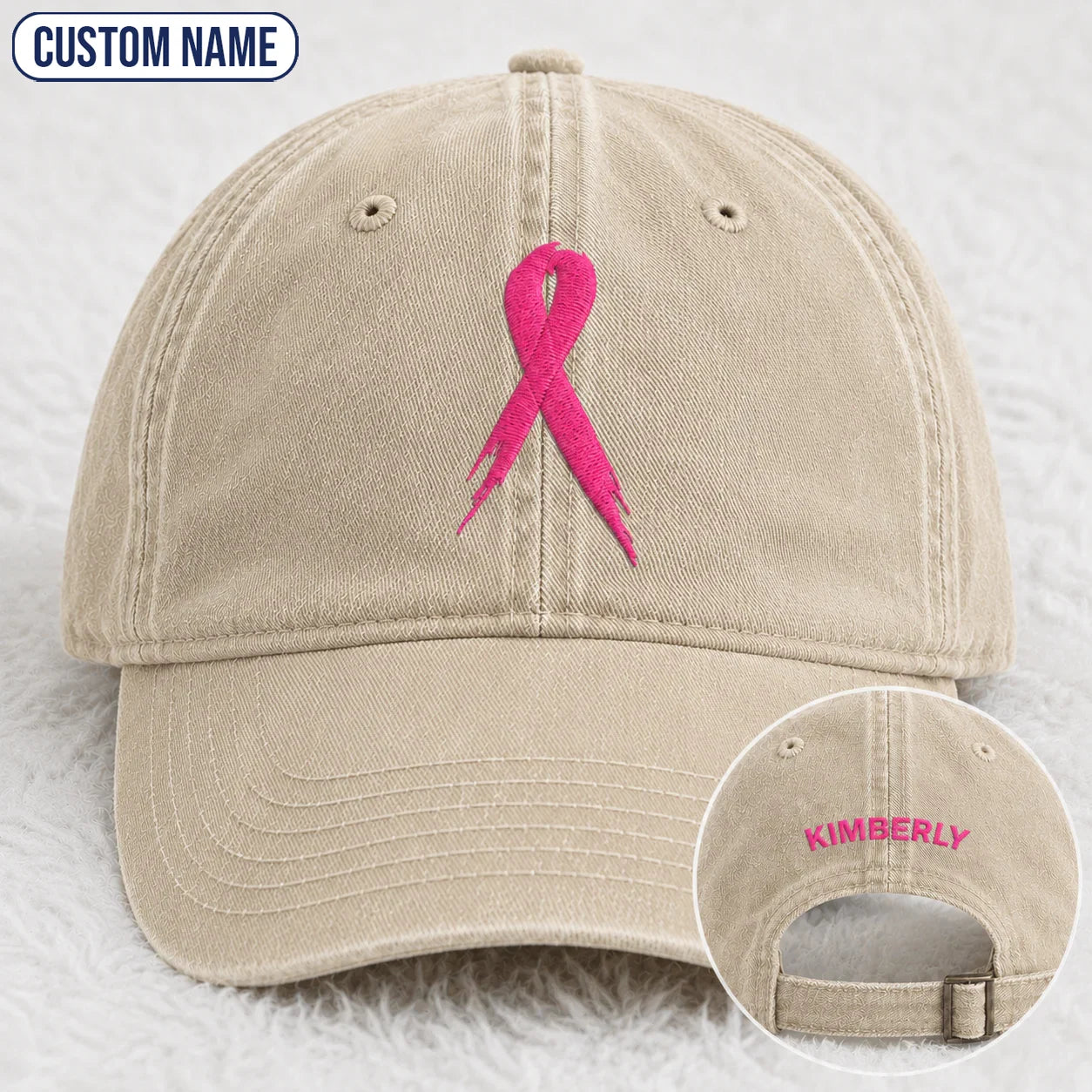 Personalized Pink Ribbon Embroidered Washed Cap, Awareness Gift