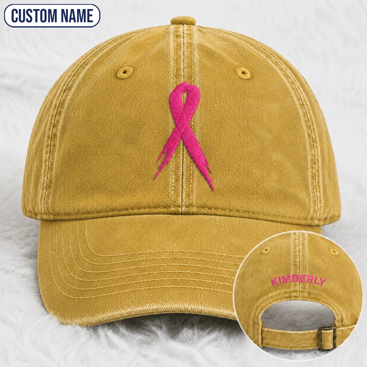 Personalized Pink Ribbon Embroidered Washed Cap, Awareness Gift
