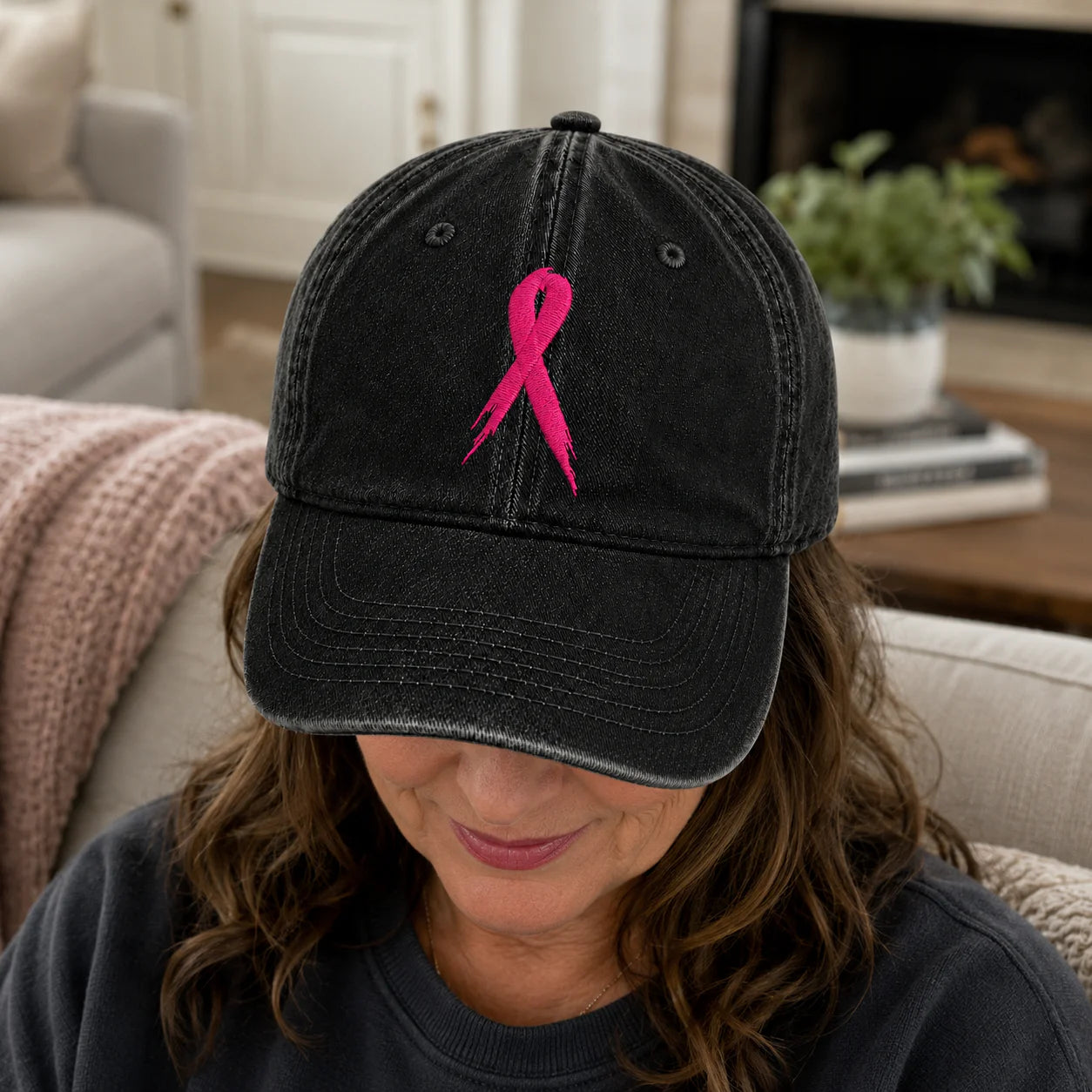 Personalized Pink Ribbon Embroidered Washed Cap, Awareness Gift