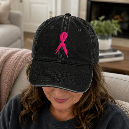 Personalized Pink Ribbon Embroidered Washed Cap, Awareness Gift