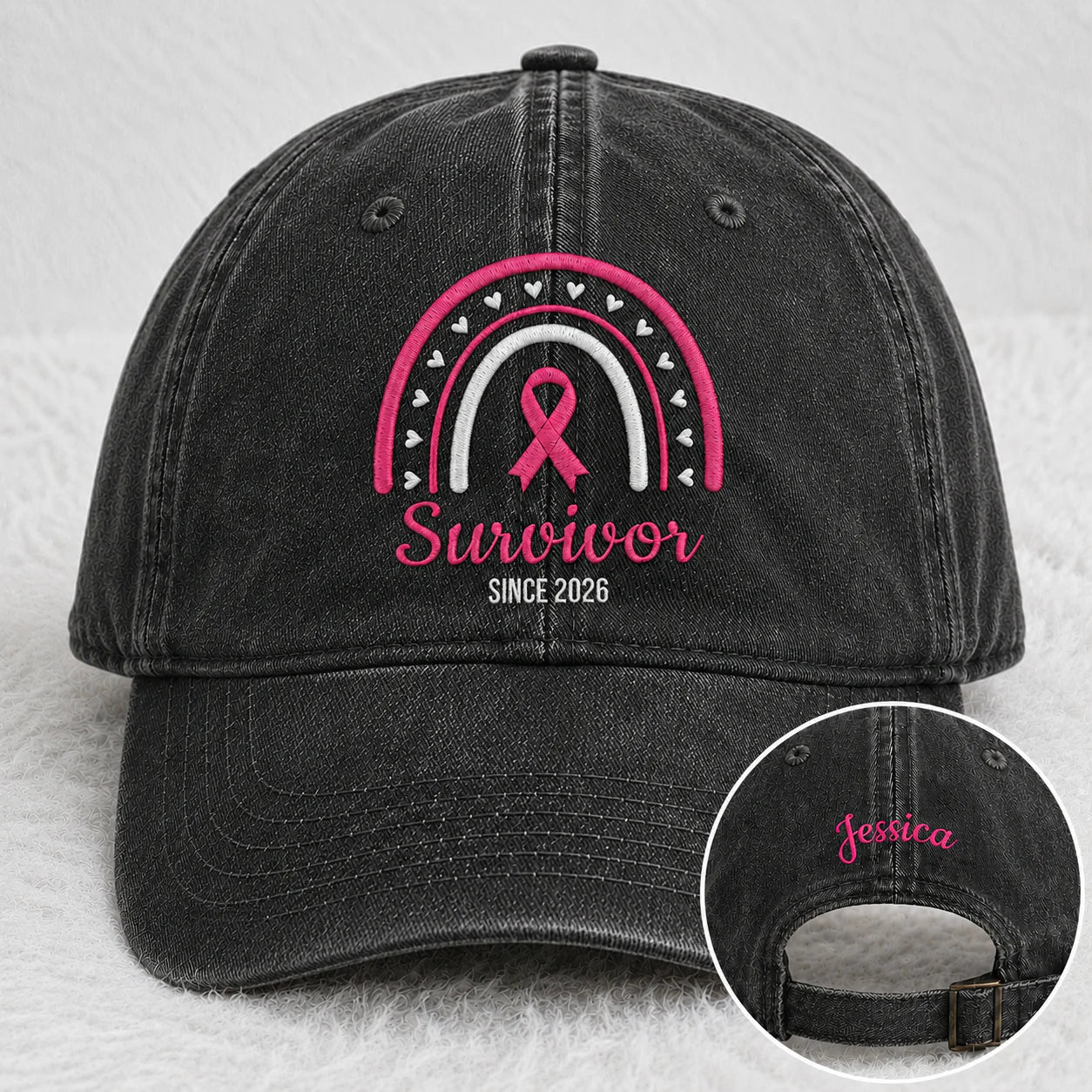 Personalized Name & Year Survivor Pink Ribbon Embroidered Washed Cap, Awareness Gift
