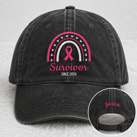 Personalized Name & Year Survivor Pink Ribbon Embroidered Washed Cap, Awareness Gift
