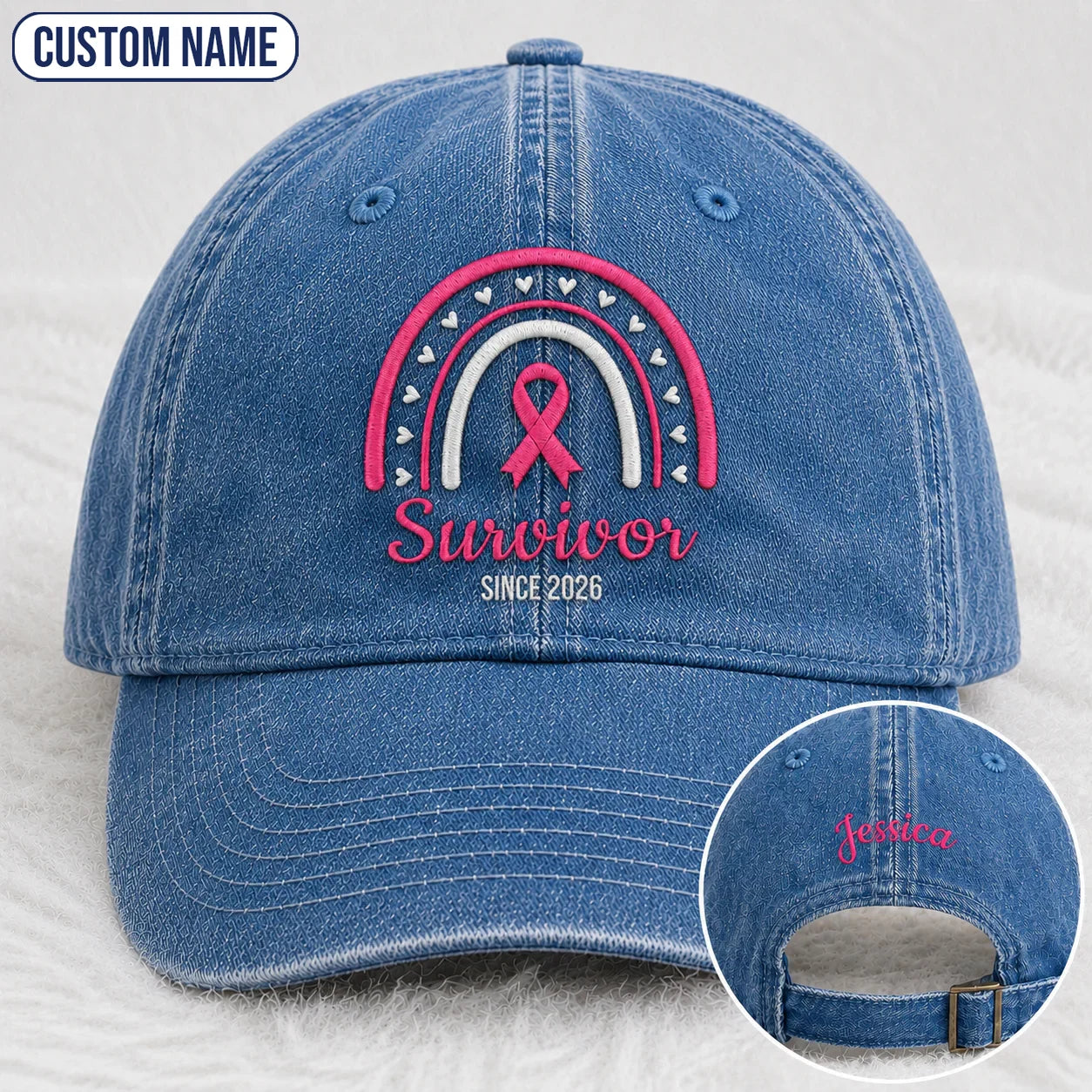 Personalized Name & Year Survivor Pink Ribbon Embroidered Washed Cap, Awareness Gift