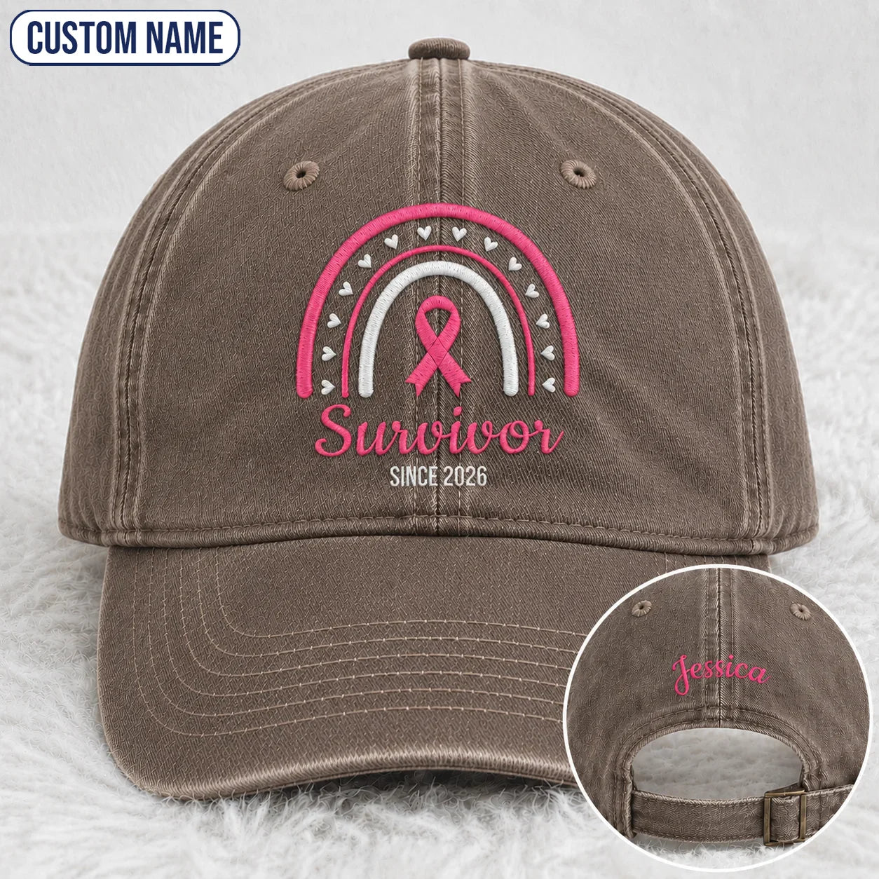 Personalized Name & Year Survivor Pink Ribbon Embroidered Washed Cap, Awareness Gift