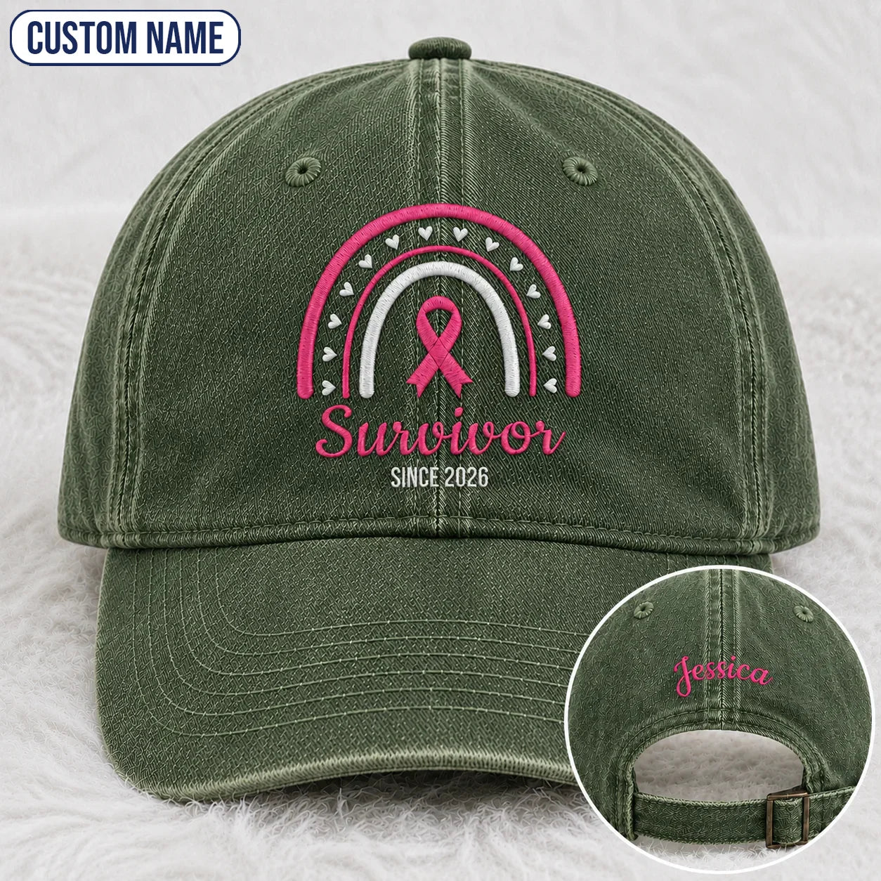 Personalized Name & Year Survivor Pink Ribbon Embroidered Washed Cap, Awareness Gift