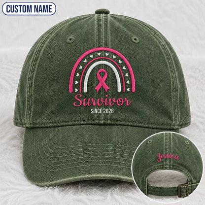 Personalized Name & Year Survivor Pink Ribbon Embroidered Washed Cap, Awareness Gift