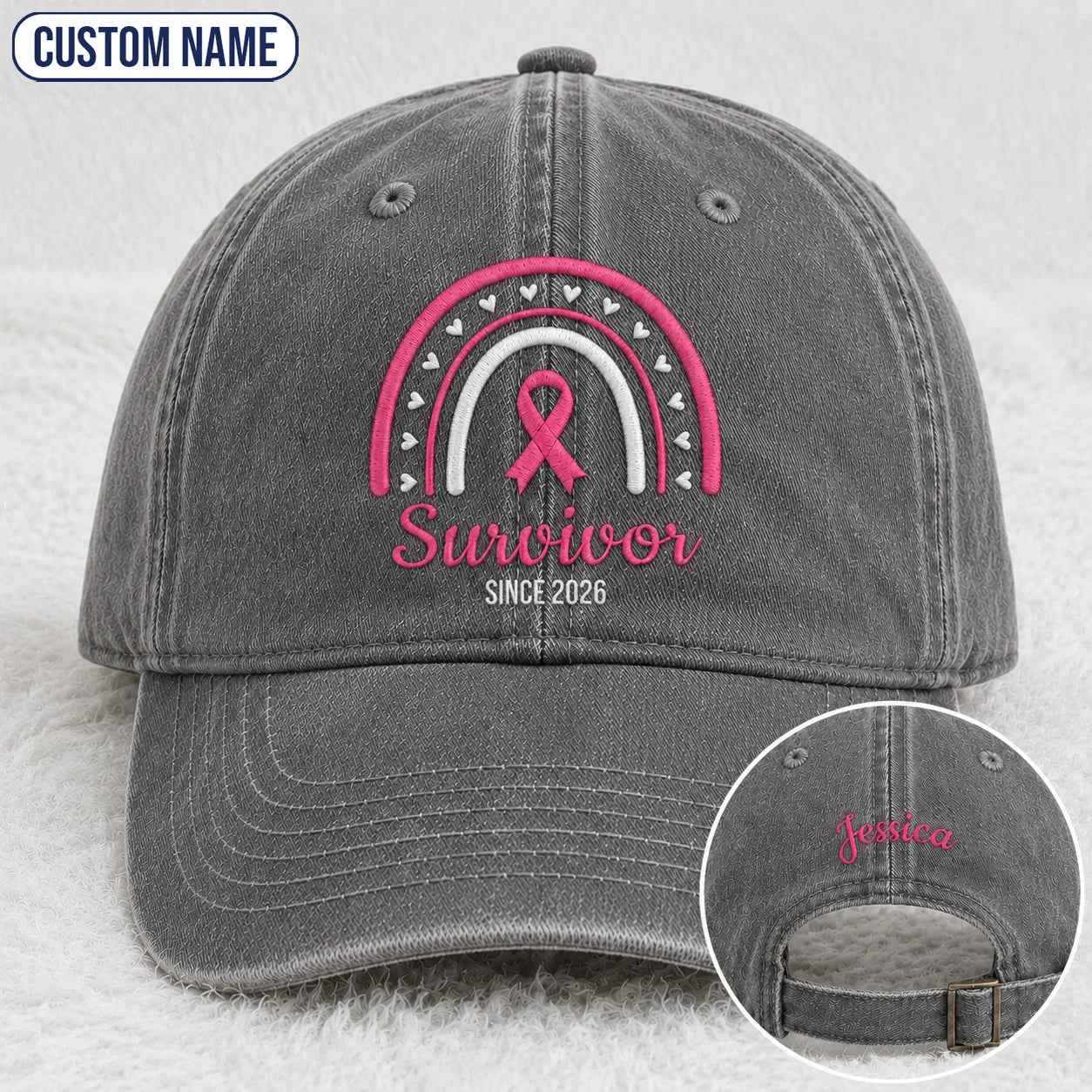 Personalized Name & Year Survivor Pink Ribbon Embroidered Washed Cap, Awareness Gift