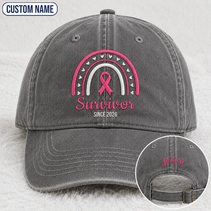 Personalized Name & Year Survivor Pink Ribbon Embroidered Washed Cap, Awareness Gift