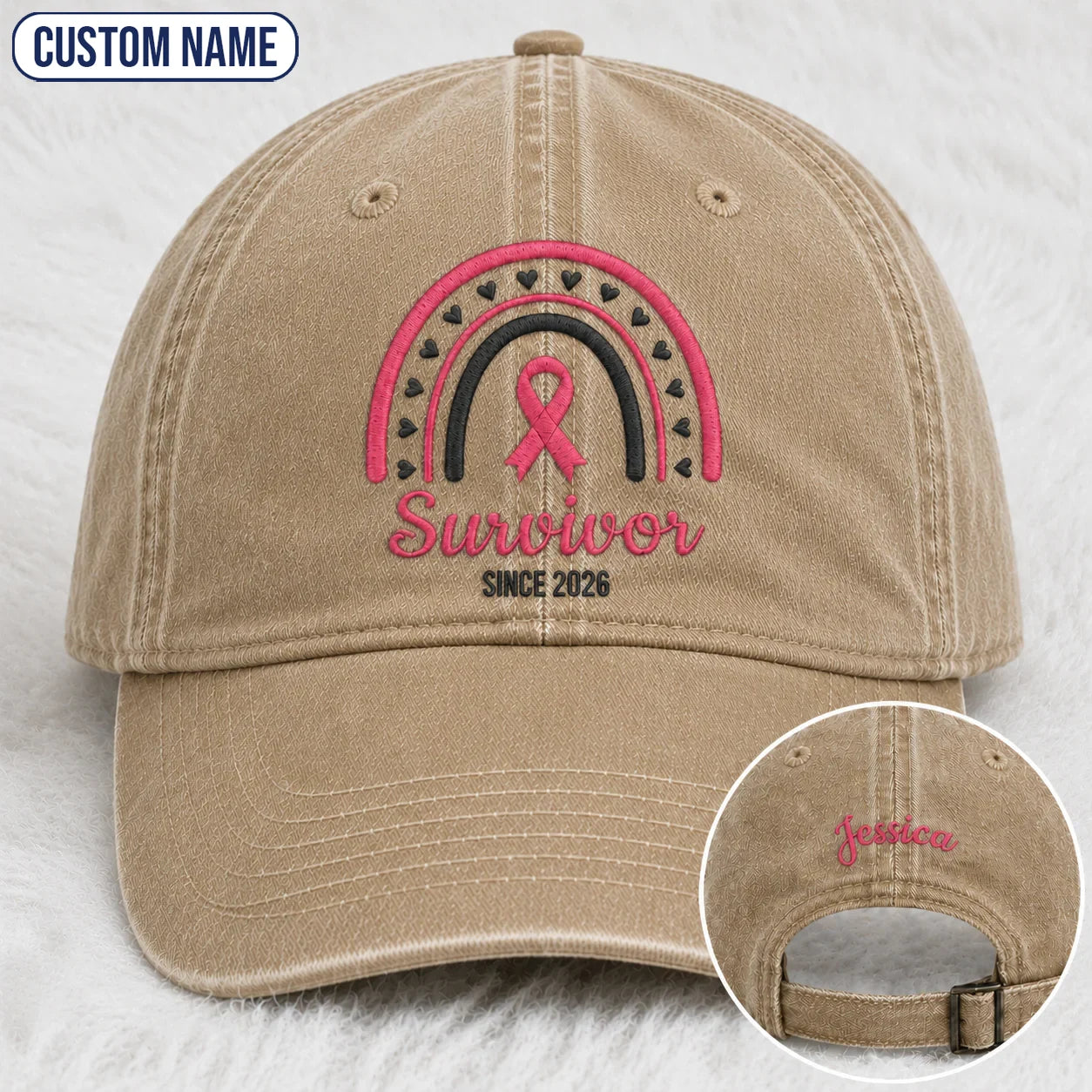 Personalized Name & Year Survivor Pink Ribbon Embroidered Washed Cap, Awareness Gift