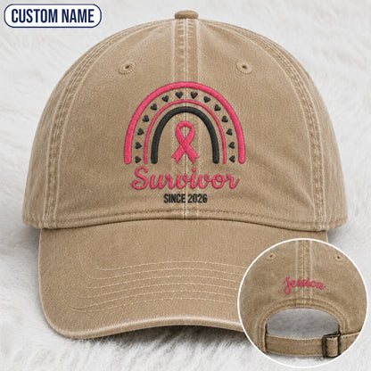 Personalized Name & Year Survivor Pink Ribbon Embroidered Washed Cap, Awareness Gift