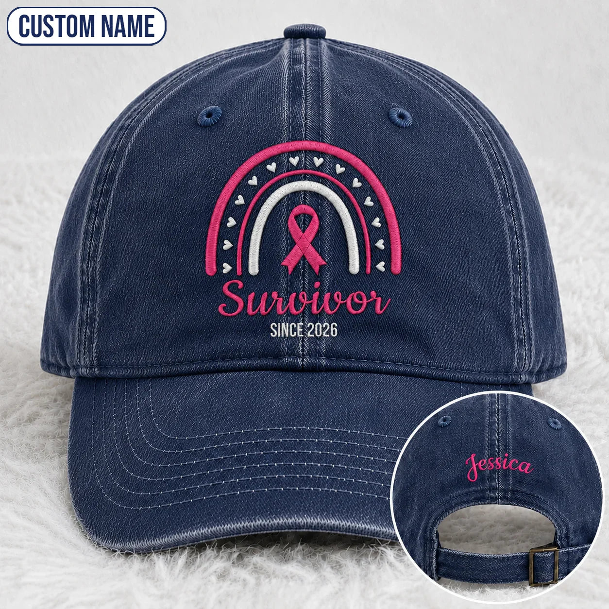 Personalized Name & Year Survivor Pink Ribbon Embroidered Washed Cap, Awareness Gift