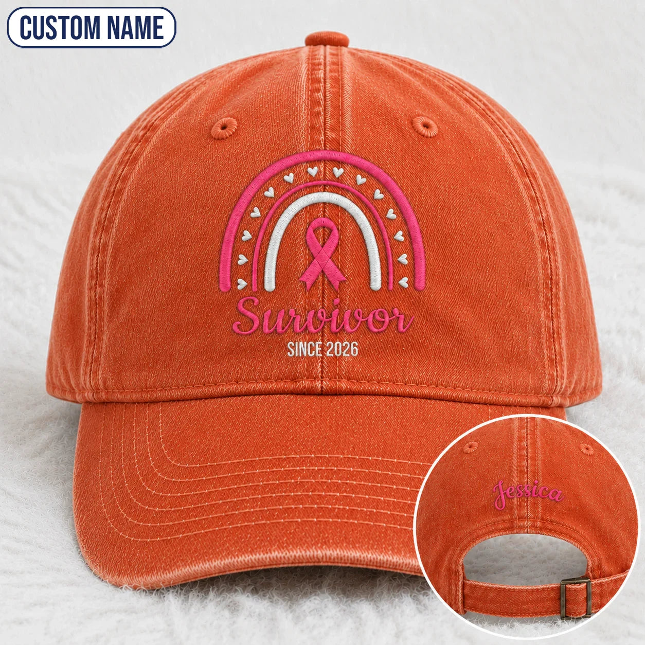 Personalized Name & Year Survivor Pink Ribbon Embroidered Washed Cap, Awareness Gift