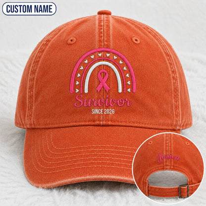 Personalized Name & Year Survivor Pink Ribbon Embroidered Washed Cap, Awareness Gift