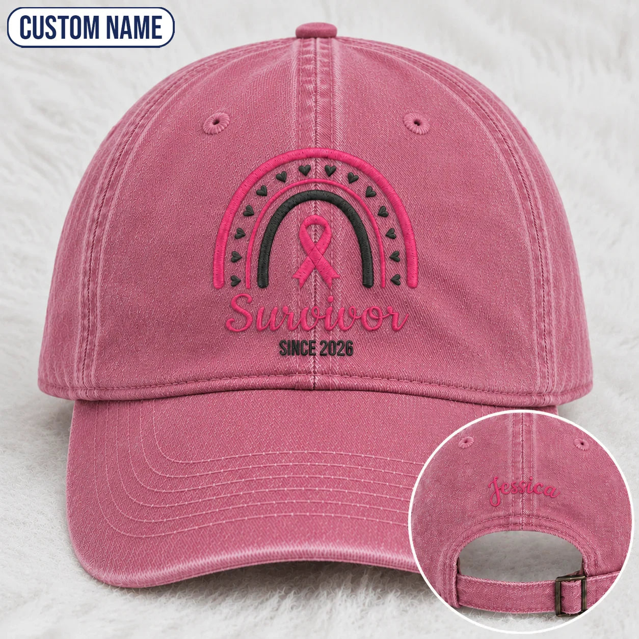 Personalized Name & Year Survivor Pink Ribbon Embroidered Washed Cap, Awareness Gift