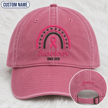 Personalized Name & Year Survivor Pink Ribbon Embroidered Washed Cap, Awareness Gift