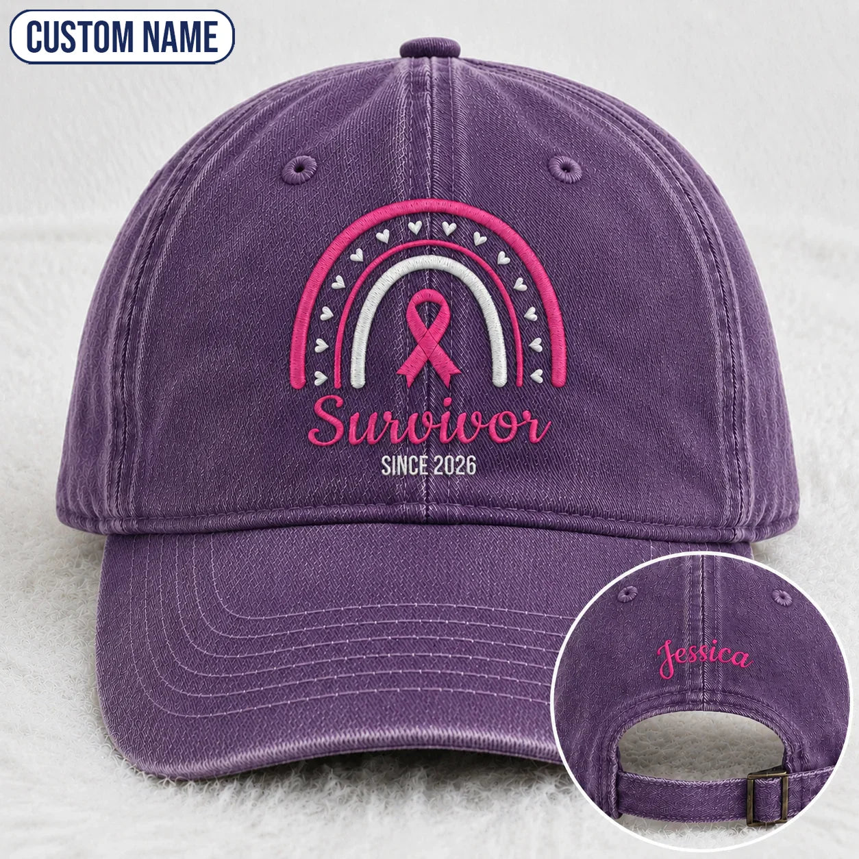 Personalized Name & Year Survivor Pink Ribbon Embroidered Washed Cap, Awareness Gift