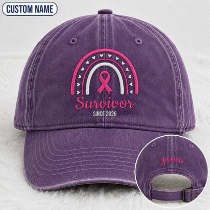 Personalized Name & Year Survivor Pink Ribbon Embroidered Washed Cap, Awareness Gift