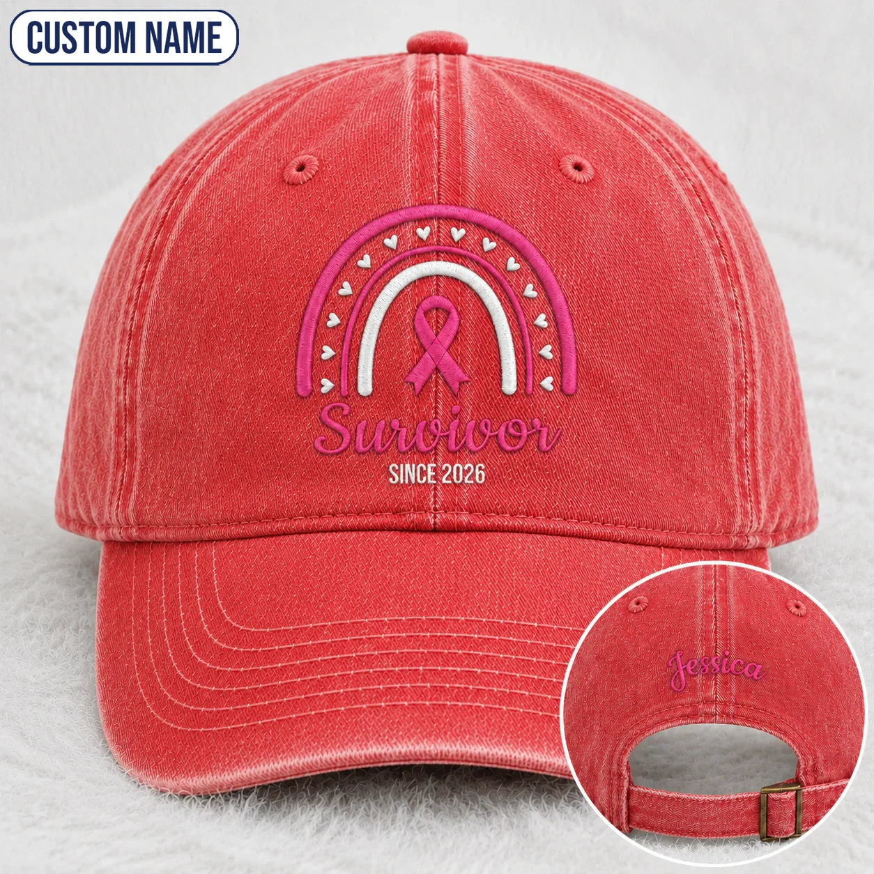 Personalized Name & Year Survivor Pink Ribbon Embroidered Washed Cap, Awareness Gift