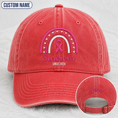 Personalized Name & Year Survivor Pink Ribbon Embroidered Washed Cap, Awareness Gift