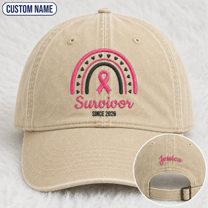 Personalized Name & Year Survivor Pink Ribbon Embroidered Washed Cap, Awareness Gift