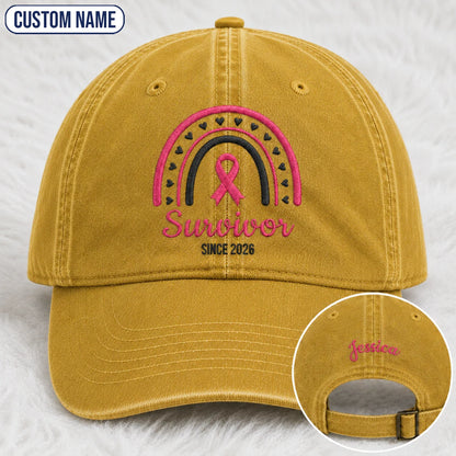 Personalized Name & Year Survivor Pink Ribbon Embroidered Washed Cap, Awareness Gift