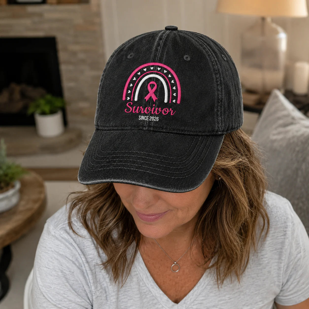 Personalized Name & Year Survivor Pink Ribbon Embroidered Washed Cap, Awareness Gift