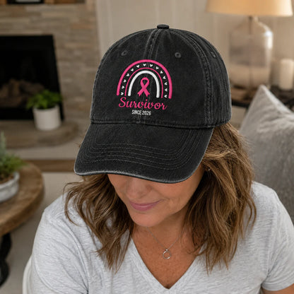 Personalized Name & Year Survivor Pink Ribbon Embroidered Washed Cap, Awareness Gift
