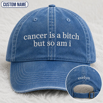 Personalized So Am I Pink Ribbon Quote Embroidered Washed Cap, Awareness Gift