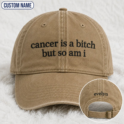 Personalized So Am I Pink Ribbon Quote Embroidered Washed Cap, Awareness Gift