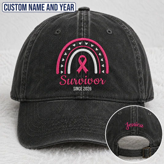 Personalized Name & Year Survivor Pink Ribbon Embroidered Washed Cap, Awareness Gift