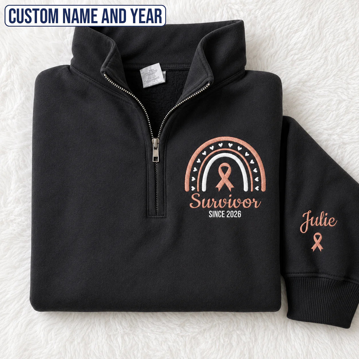 Personalized Peach Ribbon Inspired Name & Year Embroidered Unisex Quarter Zip Sweatshirt, Awareness Gift