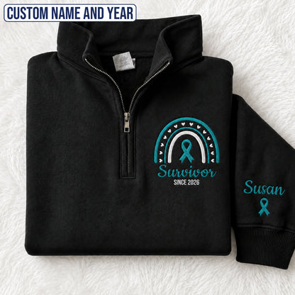 Personalized Teal Ribbon-Inspired Name & Year Embroidered Unisex Quarter Zip Sweatshirt, Awareness Gift