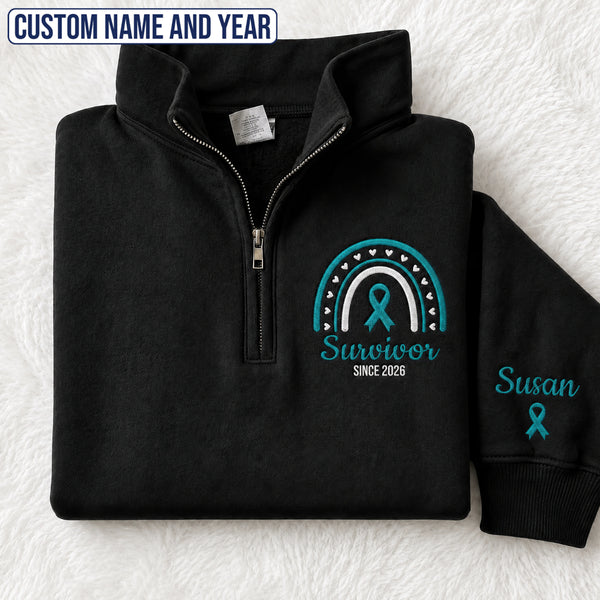 Personalized Teal Ribbon-Inspired Name & Year Embroidered Unisex Quarter Zip Sweatshirt, Awareness Gift
