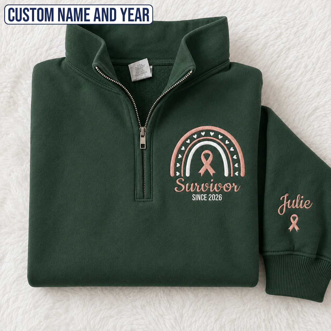 Personalized Peach Ribbon Inspired Name & Year Embroidered Unisex Quarter Zip Sweatshirt, Awareness Gift