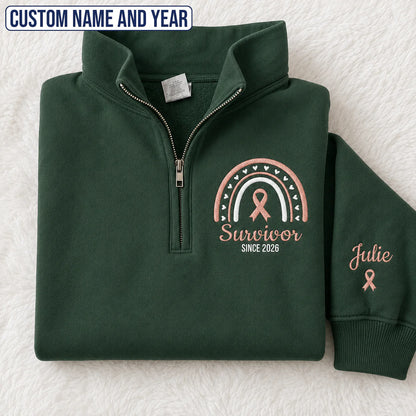 Personalized Peach Ribbon Inspired Name & Year Embroidered Unisex Quarter Zip Sweatshirt, Awareness Gift
