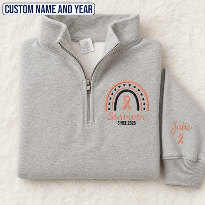 Personalized Peach Ribbon Inspired Name & Year Embroidered Unisex Quarter Zip Sweatshirt, Awareness Gift