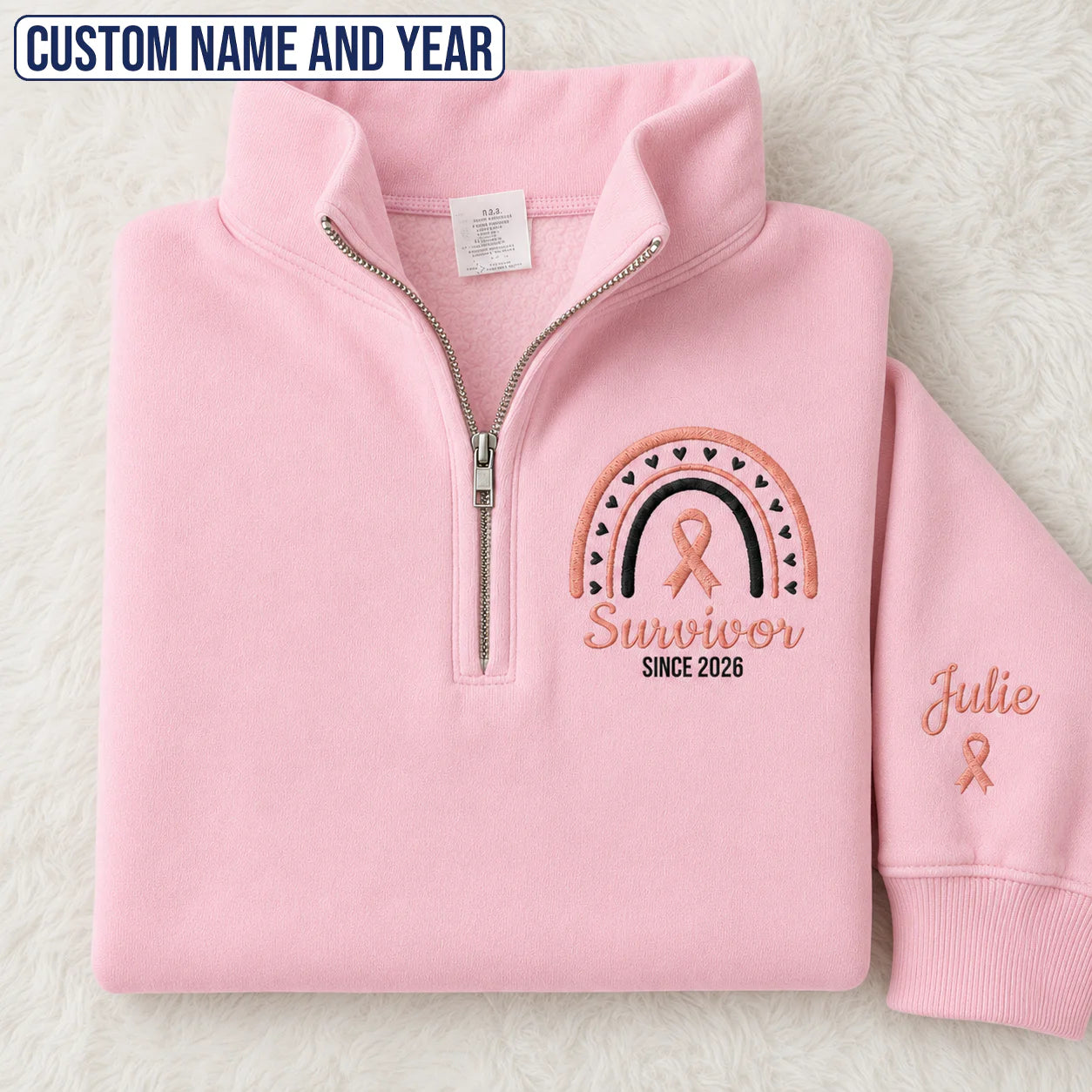 Personalized Peach Ribbon Inspired Name & Year Embroidered Unisex Quarter Zip Sweatshirt, Awareness Gift