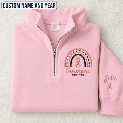 Personalized Peach Ribbon Inspired Name & Year Embroidered Unisex Quarter Zip Sweatshirt, Awareness Gift