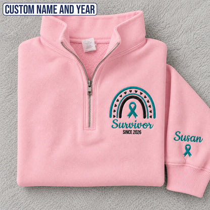 Personalized Teal Ribbon-Inspired Name & Year Embroidered Unisex Quarter Zip Sweatshirt, Awareness Gift