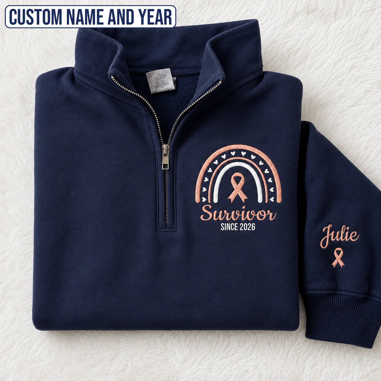 Personalized Peach Ribbon Inspired Name & Year Embroidered Unisex Quarter Zip Sweatshirt, Awareness Gift