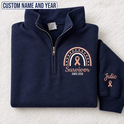 Personalized Peach Ribbon Inspired Name & Year Embroidered Unisex Quarter Zip Sweatshirt, Awareness Gift
