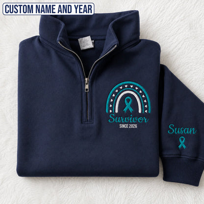 Personalized Teal Ribbon-Inspired Name & Year Embroidered Unisex Quarter Zip Sweatshirt, Awareness Gift
