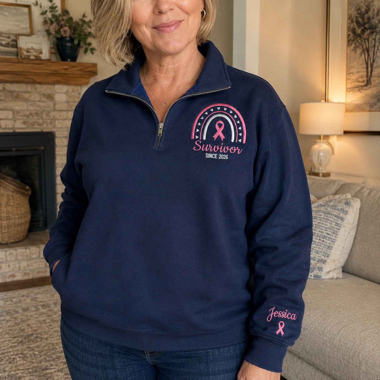 Personalized Pink Ribbon-Inspired Name & Year Name & Year Embroidered Unisex Quarter Zip Sweatshirt, Awareness Gift