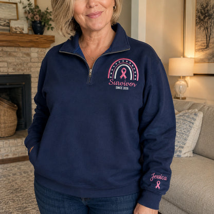 Personalized Pink Ribbon-Inspired Name & Year Name & Year Embroidered Unisex Quarter Zip Sweatshirt, Awareness Gift