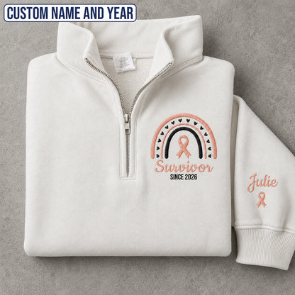 Personalized Peach Ribbon Inspired Name & Year Embroidered Unisex Quarter Zip Sweatshirt, Awareness Gift