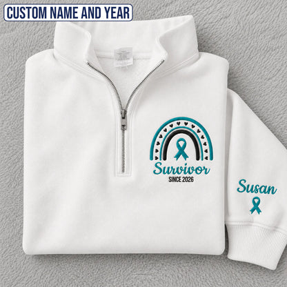 Personalized Teal Ribbon-Inspired Name & Year Embroidered Unisex Quarter Zip Sweatshirt, Awareness Gift