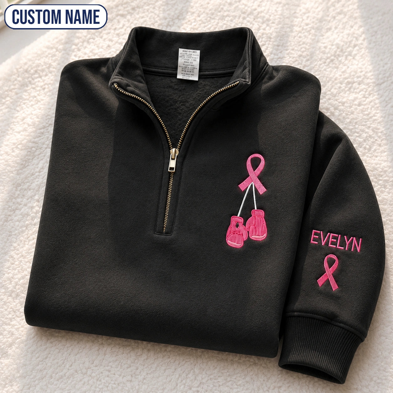 Personalized Pink Ribbon Boxing Gloves Embroidered Unisex Quarter Zip Sweatshirt, Awareness Gift