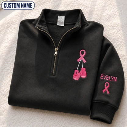 Personalized Pink Ribbon Boxing Gloves Embroidered Unisex Quarter Zip Sweatshirt, Awareness Gift