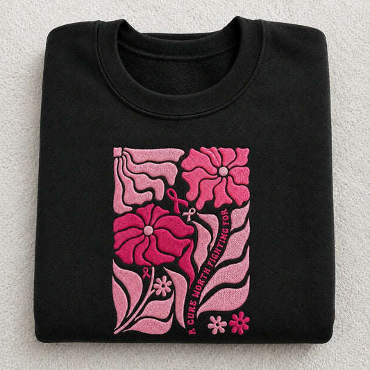 A Cure Worth Fighting For Embroidered Unisex Crewneck Sweatshirt, Pink Ribbon Awareness Gift